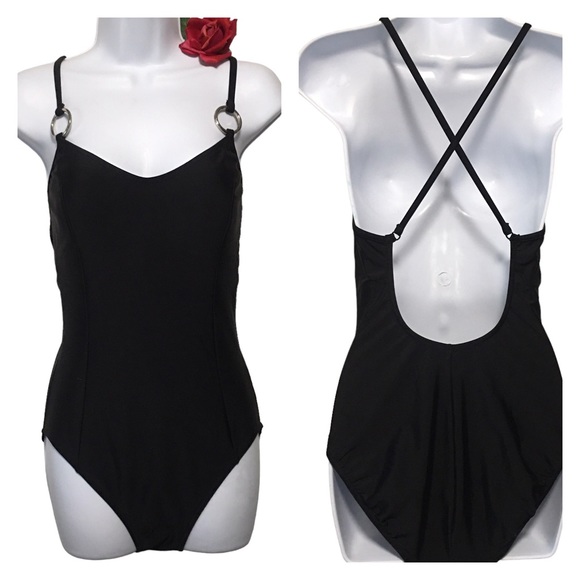 Black 1 piece swimsuit alternating straps criss cross metal detail gothcore EUC - Picture 1 of 11